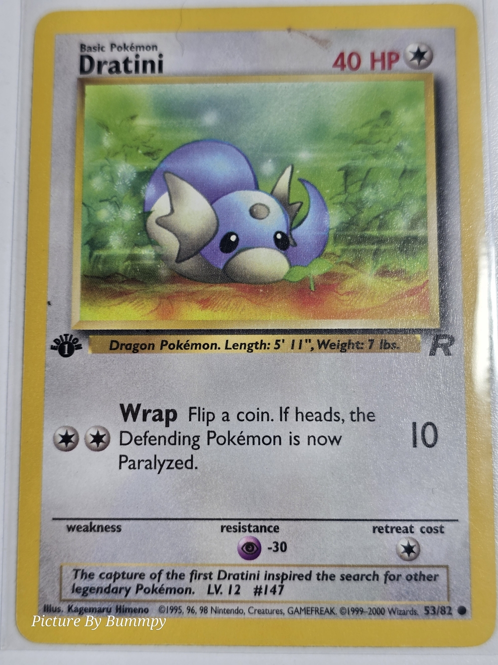 #17 Pokemon 1st Edition Dratini card from the Team Rocket expansion set.